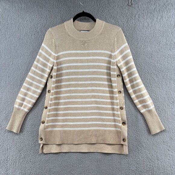 Tuckernuck XS Tan Stripe Bar Harbor Cotton Side Button Sweater - Picture 4 of 10